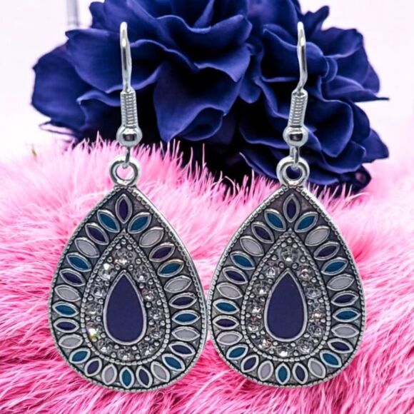 Boho Blue Rhinestone Teardrop Mandala Dangle Drop Earrings Ethnic Tribal Jewelry - Picture 1 of 8